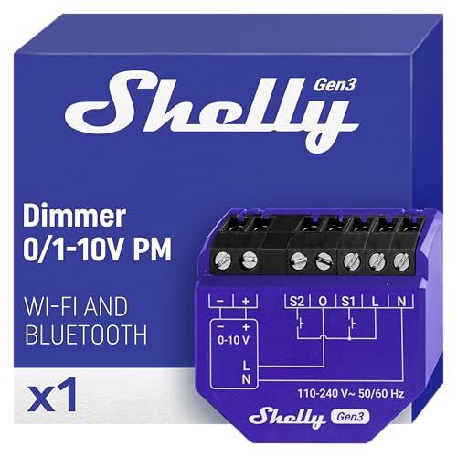 Shelly Dimmer 0/1-10V PM – Módulo Regulador de Luz Wi-Fi, Atenuador Wi-Fi con Medición de Consumo, Para LED Regulables, Montaje Carril DIN, Control Remoto por App, Alexa, Google Home, No Requiere Hub