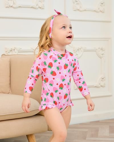 Baby Girl Swimsuit Long Sleeve One-Piece Swimwear with Hat Rash Guard Ruffle Floral Zipper Beach Infant Bathing Suit3