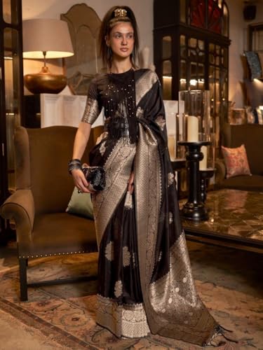 Image of SWORNOF Women's Woven Khadi Georgette Silk Saree With Unstitched Blouse Piece