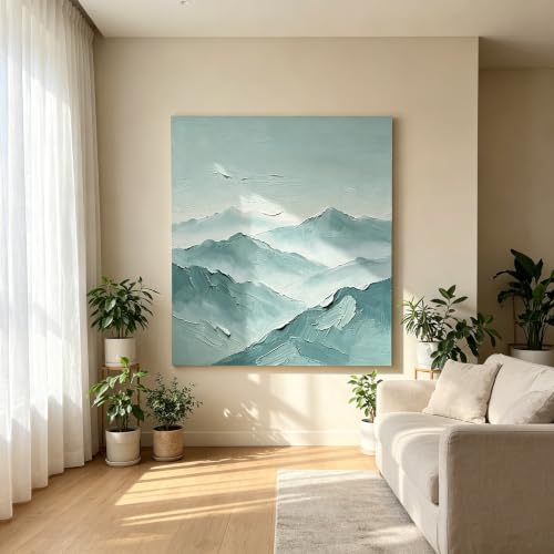 Toile Wabi-Sabi montagne brumeuse turquoise, poésie murale fait main - 6