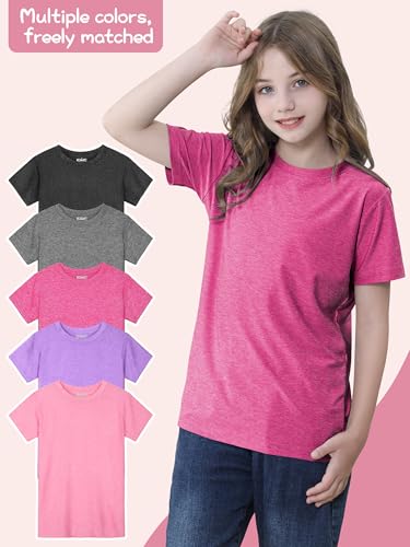 QWE 5 Pack Girls Shirts Athletic Short Sleeve T-Shirts Dry Fit Crew Neck Shirts Tops for Girls Youth Teens 5-18 Years4