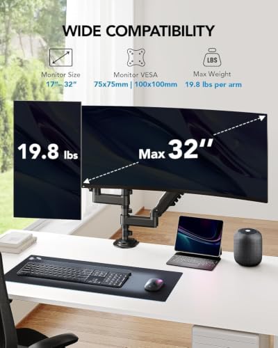 Image of HUANUO 17-32 Inch Dual Monitor Stand, Stacked Monitor Mount, Monitor Arms for 2 Monitors, Ergonomic Adjustable Tilt /Swivel /Rotate, Weight Max 19.8 lbs, VESA 75 /100mm