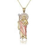 LA BLINGZ 10K Tri-Color Gold Saint Jude CZ Pendant Necklace (18" Necklace)
