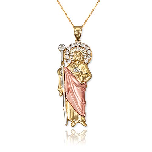La Blingz 10K Tri-Color Gold Saint Jude Cz Pendant Necklace (18" Necklace) #TOP8