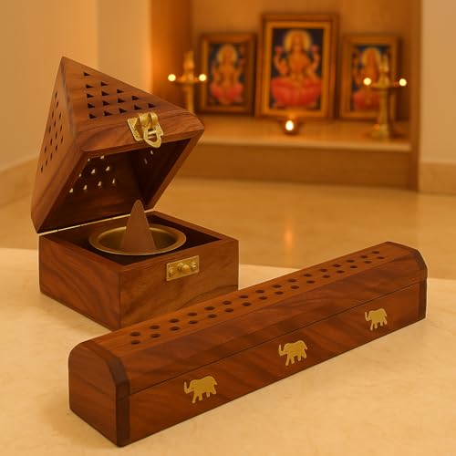 Wooden Dhoop Stand & Agarbatti Stand Combo - Sheesham Wood Pyrami...