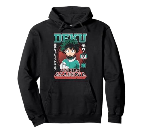 MHA Deku Portrait Collage with Badges and Kanji Anime Sudadera con Capucha