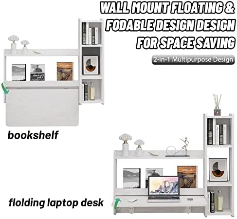 Pmnianhua Wall Mounted Drop-leaf Table, Floating Laptop Desk, Foldable Hanging Table Shelf, Multifunctional Computer Workstation with Storage Compartments in Home Office for Space Saving (grey-white)