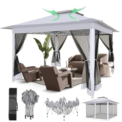 COBIZI 12x12 Pop Up Gazebo On Clearance - Upgrade Easy Up Metal Outdoor Canopy Waterproof - Portable Gazebo with Mosquito Nettings, 4 Ropes 8 Stakes and Carry Bag for Patio Garden(Light Gray)