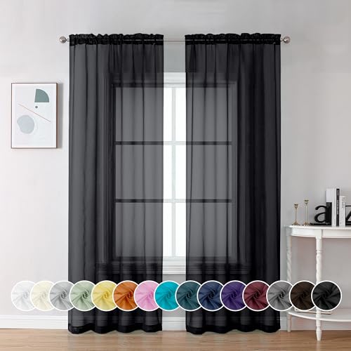 Image of Chyhomenyc Black Sheer Curtains 96 inches Long Window Draperies 2 Panels, Solid Elegant Window Voile Panels /Drapes /Treatment /Backdrop for Bedroom Living Room Wedding Party Decor, 42 Wx96 L, 8FT L