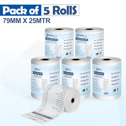 Image of MOREBLUE 79mm 25mtr Credit Card, Food Bills Direct Thermal Receipt Paper Roll, Pack of 5, Ink Free Print for POS, Credit Card Machines, & Petrol Pumps Bill use
