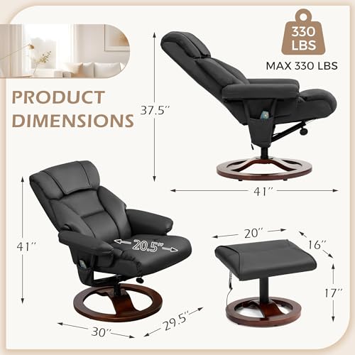 AVAWING Electric Massage Recliner with Ottoman, Adjustable Reclining Chair with 360° Swivel Function for Adults, Faux Leather Recliner Chair with Vibration & Wood Base for Living Room & Bedroom, Black - Thumbnail 3