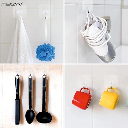 Image of TEKCOOL Adhesive Hooks for Hanging Heavy Duty Wall Hooks Self Adhesive Hooks Waterproof Transparent Hooks for Bathroom Shower Kitchen Keys Door Outdoor Home Improvement Utility Hook (Pack of 10):
