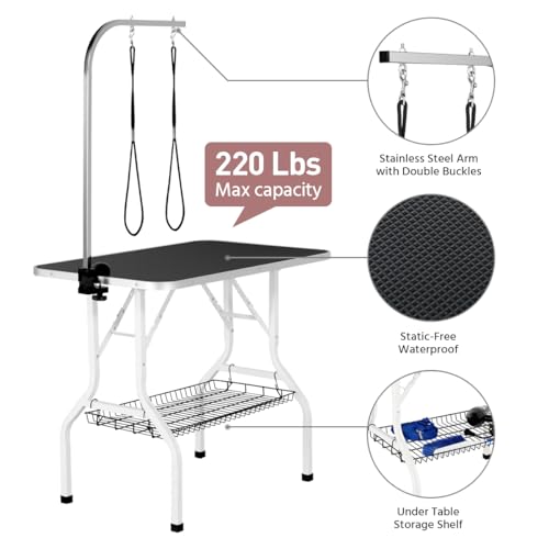 costoffs Foldable Pet Dog Grooming Table with Basket Adjustable Arm Double Tether Salon Table for Small Medium Dogs/Cats 160cm High Black - Image 2