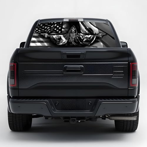 Image of Rear Window Decals for Trucks - 65x22 in Back Window Decals Fit Most Pickup Trucks SUV, Vinyl American Skull Flag Back Window Decal for Car Personalized Decoration