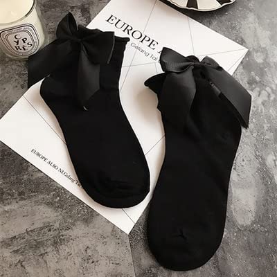 3 Paia/Pacco Calzini da Donna Color Caramella con Fiocco Casual Calzini Corti con Colore A Contrasto Casual Simpatici Fiocchi da Donna Nodo Sox Nero