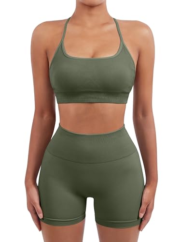Image of SUUKSESS Women Seamless Workout Sets Strappy Sports Bra High Waist Booty Shorts Outfits