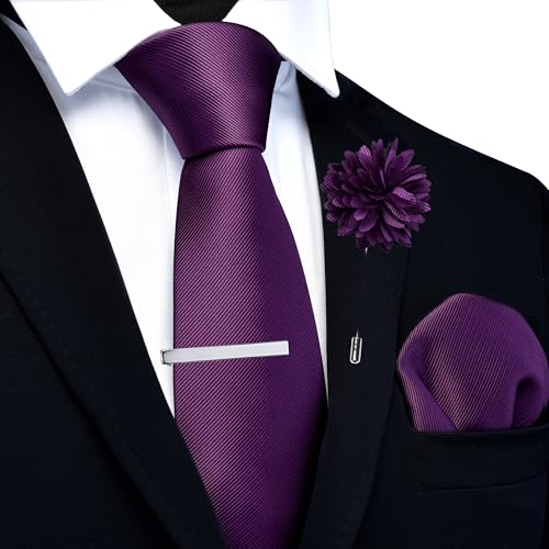 Image of Branduce 3.15 inch(8cm) Solid Formal Tie and Pocket Square Plain Necktie Lapel Pin and Tie Clip Set for Men