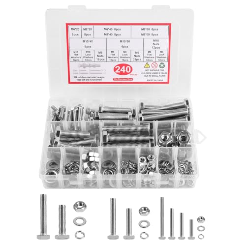 LALAGO 240 Stück M6 M8 M10 Schrauben und Muttern Sortiment aus 304 Edelstahl, Sechskantschrauben Unterlegscheiben Federringe & Muttern Kit, Gewindeschrauben Set, Maschinenschrauben Set für Reparatur
