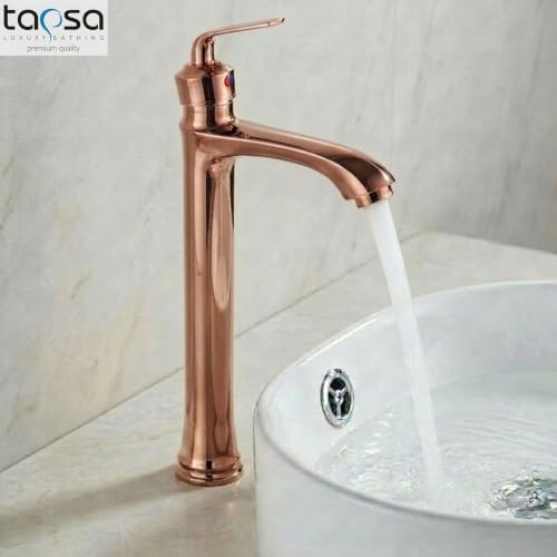 Image of Tapsa Jupiter Series Rose Gold PVD Coated Brass Tall Pillar Cock Tap /Tall Pillar Tap with Long Spout & 12 Inches Tall Body /Tall Boy Extended Pillar Tap Faucet (Deck Mount Installation Type)