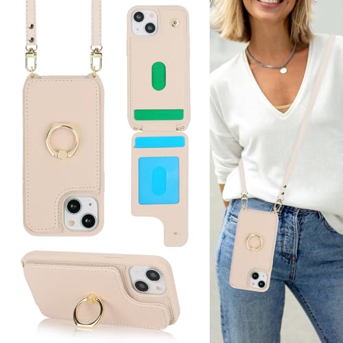Image of for iPhone 13 Mini Case with Card Holder and Strap for Women,Crossbody Lanyard,Kickstand Ring Stand,Snap Clasp,RFID Blocking,Phone Wallet Cases 5.4 inch(Beige)