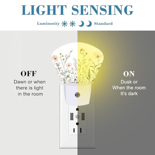 Image of Wildflowers Plug in Night Lights, Watercolor Colorful Wildflowers Nightlight Plug Into Wall Dusk to Dawn Sensor for Kid Girls Boys Women Men Room, Hallway, Kitchen, Bathroom, Stairs Decor