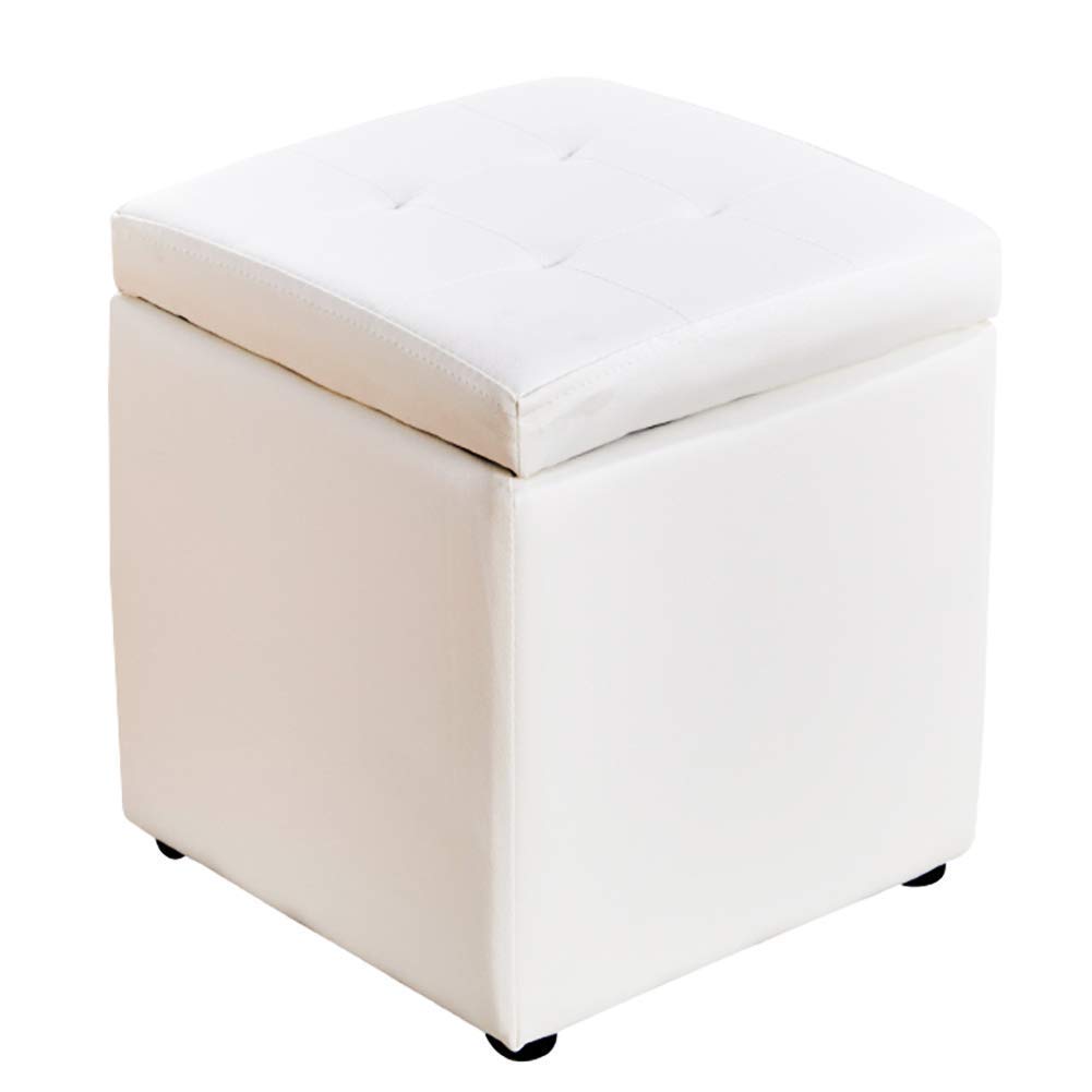Pouf cube blanc en faux cuir 30x30x35cm avec coffre de rangement à charnière pour salon