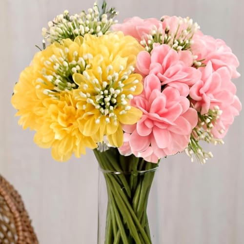 Image of SATYAM KRAFT 2 Pcs Artificial Hydrangea Dahlia Flowers 7-Stem Faux Bunch Floral Bouquet For Home Decor Vase Pot & Living Room Bedroom Office Table Decoration Items (Vase Not Included)