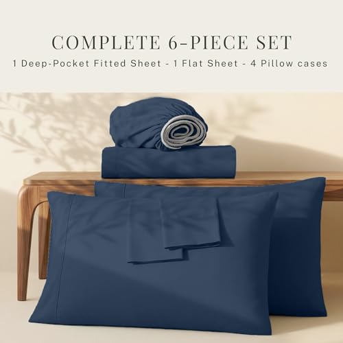 Image of Hearth & Harbor Extra Deep Pocket Sheets - Fits Mattress 18-24 Inches Deep - Extra Deep Pocket Full Size Sets - 6 Piece Full Size - Full - Navy Blue