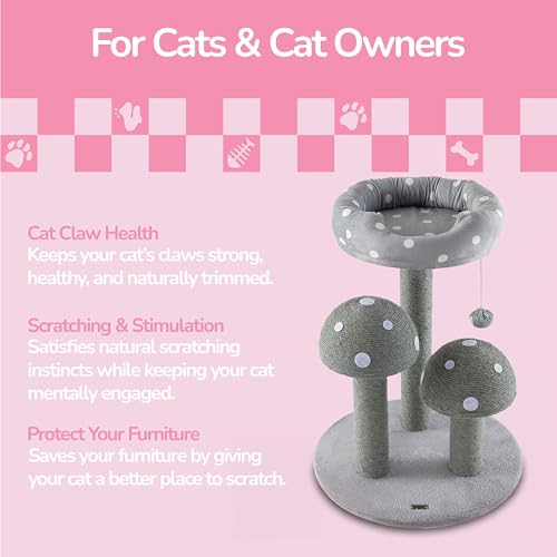 THE LICKER STORE Pixie 22.5" 3-Tier Mushroom Cat Tree with Sisal Scratching Posts, Plush Napping Perch and Dangling Bell Toy, Whimsical Activity Center for Indoor Kittens, Gray/WhiteCTR1001B by THE LICKER STORE - Used condition - Image 5