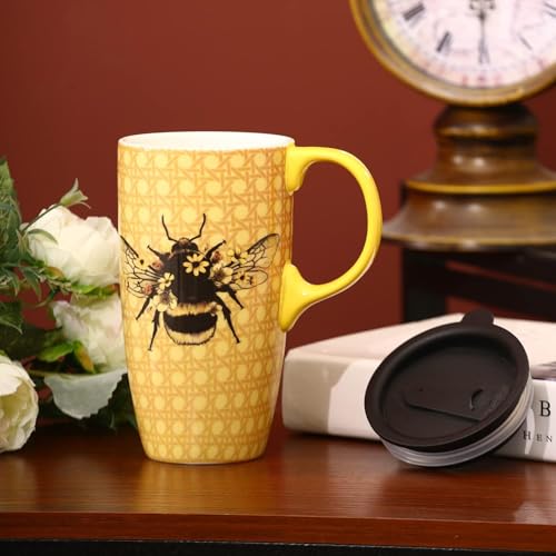 DUSVALLY Reusable 17 Oz Ceramic Travel Mug with Lid and Handle, Ceramic Coffee Mug with Color Box for Coffee Lovers, Microwave & Dishwasher Safe, Bee Art Tea Mug, Mother's Day Gift