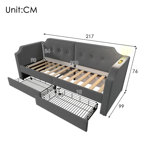 Cama tapizada gris de 90x200 para dormitorio juvenil con cajones amplios para guardar ropa 3