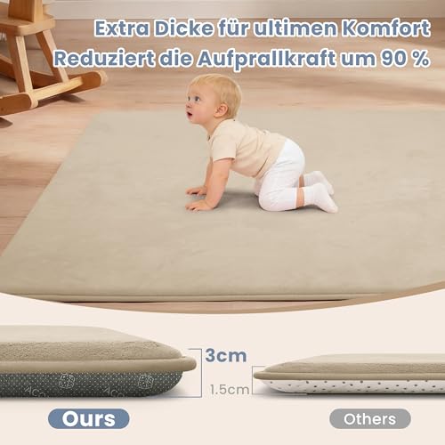 ACOMOPACK Baby Spielmatte, 3cm dick großer rutschfester Kinderteppich,Memory-Schaumstoff samtweiche Krabbelmatte für Bauchlage (Khaki, 150 x 180 cm)