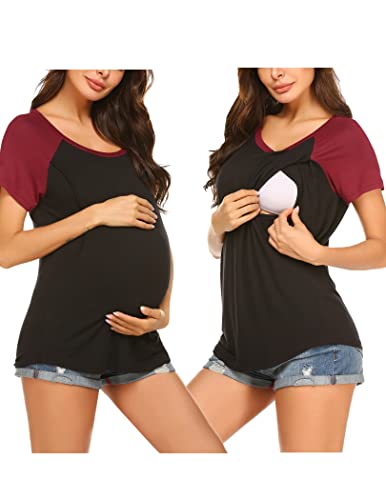 Ekouaer Women's Short Sleeve Nursing Top Double Layer Maternity Shirts For Breastfeeding Plus Size Black Xx-Large #TOP16