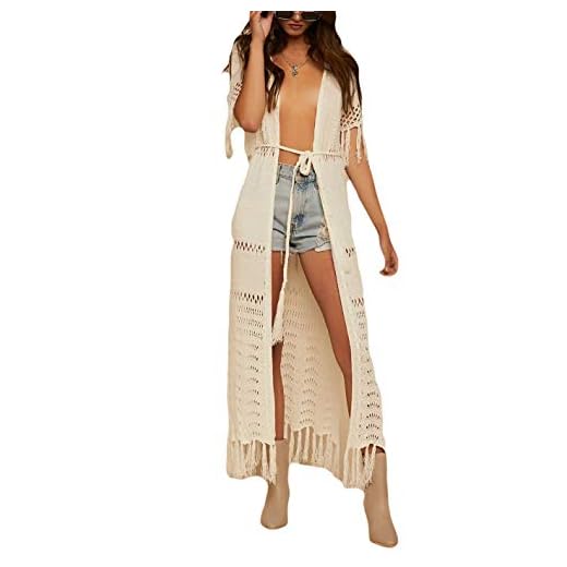 AILUNSNIKA Beige Crochet Short Sleeve Kimono Tassel Hem Open Front Hollow Out Knitted Long Swimsuit Cover Up