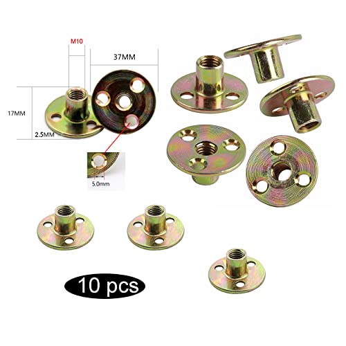 10 Stück Flanschmuttern T Mutter M10, Flansch mit Runder Basis, M10*37 * 2.5mm, Flanschmuttern 3 Loch T Mutter, Kohlenstoffstahl Einschlagmuttern Möbelbeschläge Innengewinde