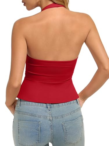 REORIA Women's Halter Front Open Tops Backless Sleeveless Slit Crop Tank Vest Y2K Going Out Club 2026 Outfits Red Small — view 4
