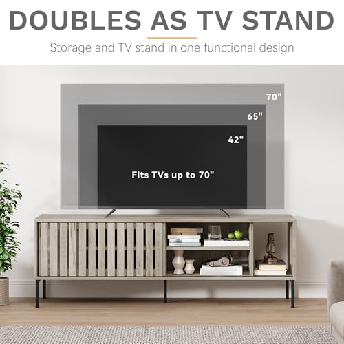 DWVO Mid Century Modern TV Stand for 65/70 inch TV, Entertainment Center, Media Console TV Cabinet with Hollow Sliding Door, Adjustable Storage Shelves for Living Room