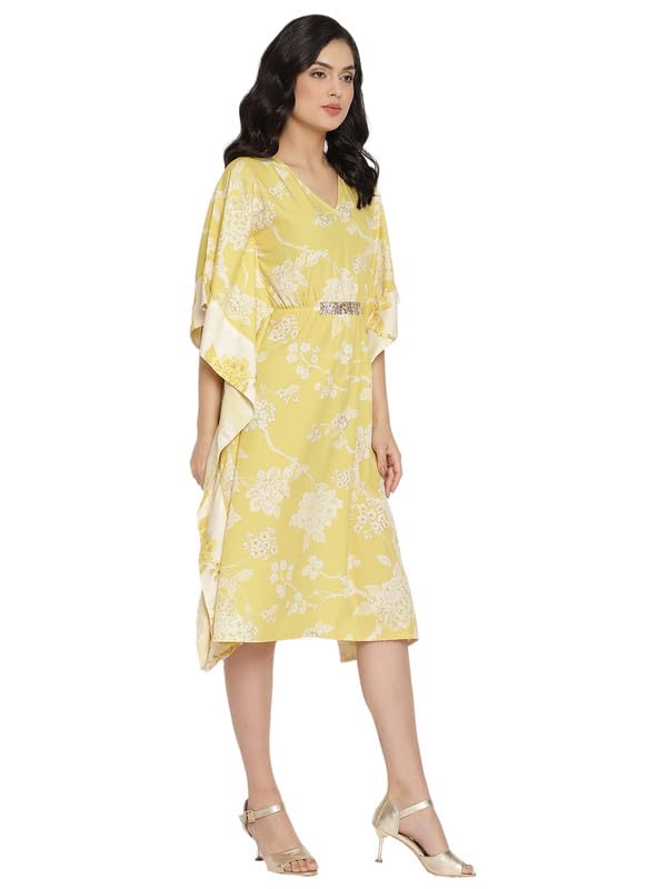 Image of Ahalyaa Women Lime Green & Off White Floral Printed Flared Sleeves Floral Kaftan Kurta