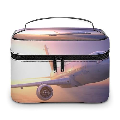 メイクボックス コスメ収納 大容量 日没の写真で雲の上を飛んでいる飛行機 化粧ポーチ 化粧品入れ メイク収納ケース 軽量 持ち運び アクセサリー 小物入れ おしゃれ 旅行 出張用 プレゼント