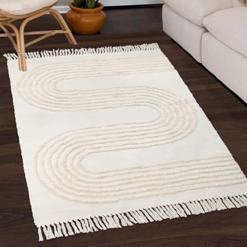 Image of STARUIA Boho Area Rug 4'x6' Washable Cotton Bedroom Rug, Beige Woven Linear Tufted Nursery Rug with Tassels, Accent Farmhouse Indoor Carpet for Living Room Entryway Porch Dorm