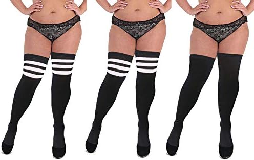 Women Kawaii Plus Size Stretchy Thigh High Tights Cosplay Stockings Over Knee Stripes Long Tube Socks (US 4-US 12, 3 Pack (Black White2 & Black1))