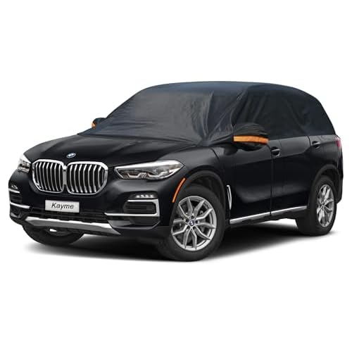 Kayme Half Car Cover, Windshield Cover for Ice and Snow Top with Reflective Straps, Roof Cover Waterproof All Weather Dust, Sun Protection. Front Rear