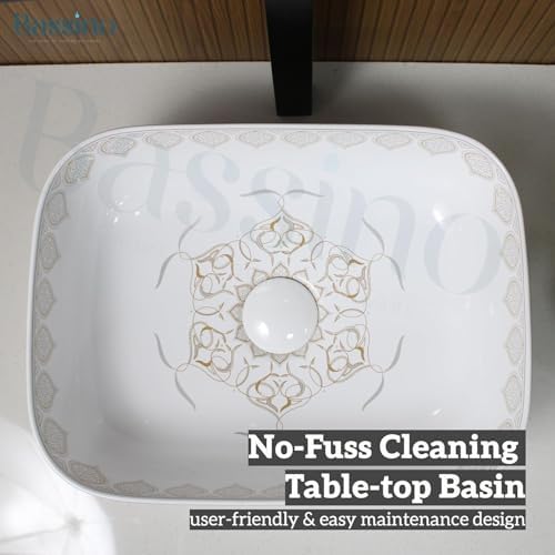 BASSINO 16x12x6 Inch Ceramic Counter Top Wash Basin/1 Year Warranty/White & Brown Basin for Bathroom/Moroccan Design/Rectangular Tabletop Washbasin for Restaurant/Dining Hall/Living Room/Home(Glossy)