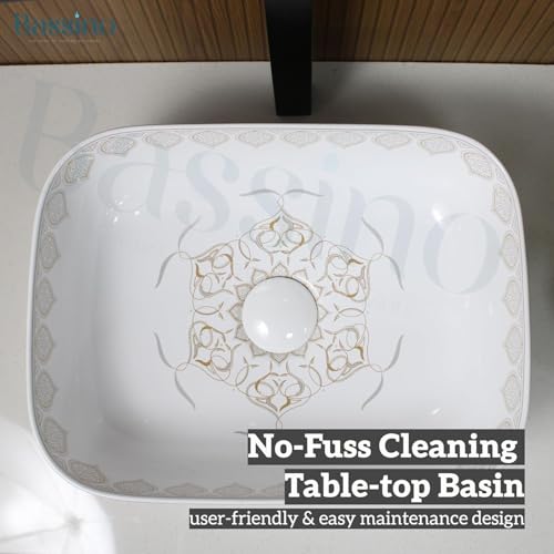 BASSINO 16x12x6 Inch Ceramic Counter Top Wash Basin/1 Year Warranty/White & Brown Basin for Bathroom/Moroccan Design/Rectangular Tabletop Washbasin for Restaurant/Dining Hall/Living Room/Home(Glossy)