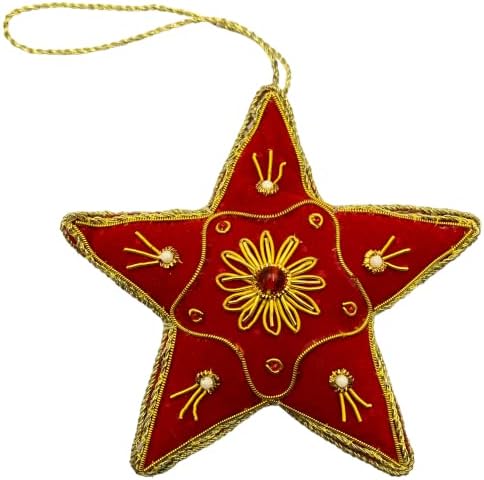 Zari Red Star Christmas Ornament, Zardozi Embroidery, Gift Bag, Crafted in India