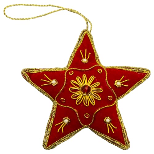 Zari Star Christmas Ornaments, Set Of 2, Red & Green, Zardozi Embroidery, Gift Bag #TOP2