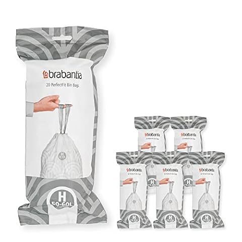 Brabantia 138782 PerfectFit wkłady do pojemników wielopak (rozmiar H/50-60 litrów) grube plastikowe worki na śmieci z uchwytami ze sznurkiem (120 torebek), białe