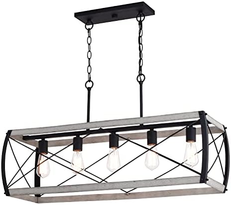 Montclare 5L Black and White Ash Wood Farmhouse Cage Linear Chandelier Island Pendant Light Fixture