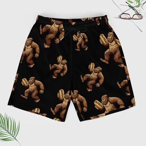 Sasquatch Bigfoot Carrying Hotdog Mens Swim Trunks with Compression Liner Quick Dry Board Beach Shorts3