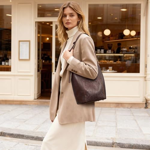 Image of S-ZONE Leather Purses for Women Shoulder Hobo Handbag Rose Pattern Travel | Full Grain Cattle Leather, Fits 9.7-inch Tablet, Daily Casual, Adjustable Shoulder Strap, Multi Pocket Storage